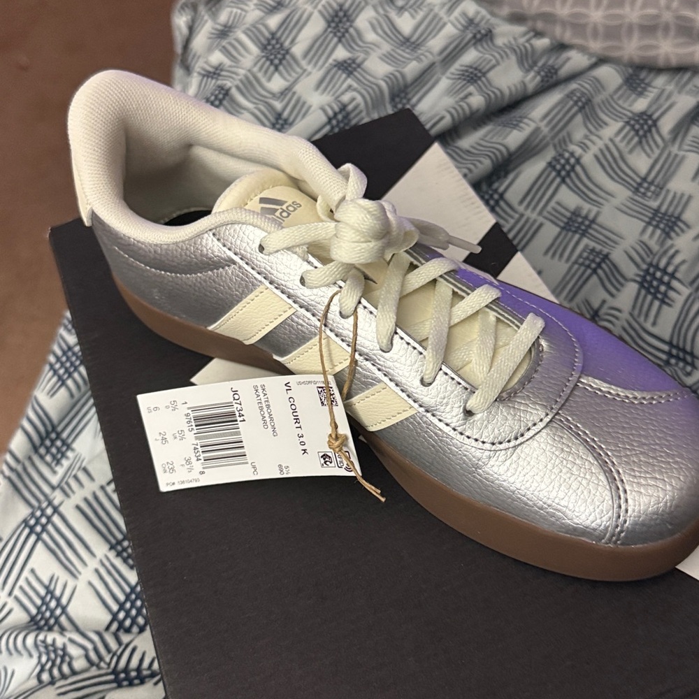 Adidas VL Court Metallic Silver and Cream Sneakers